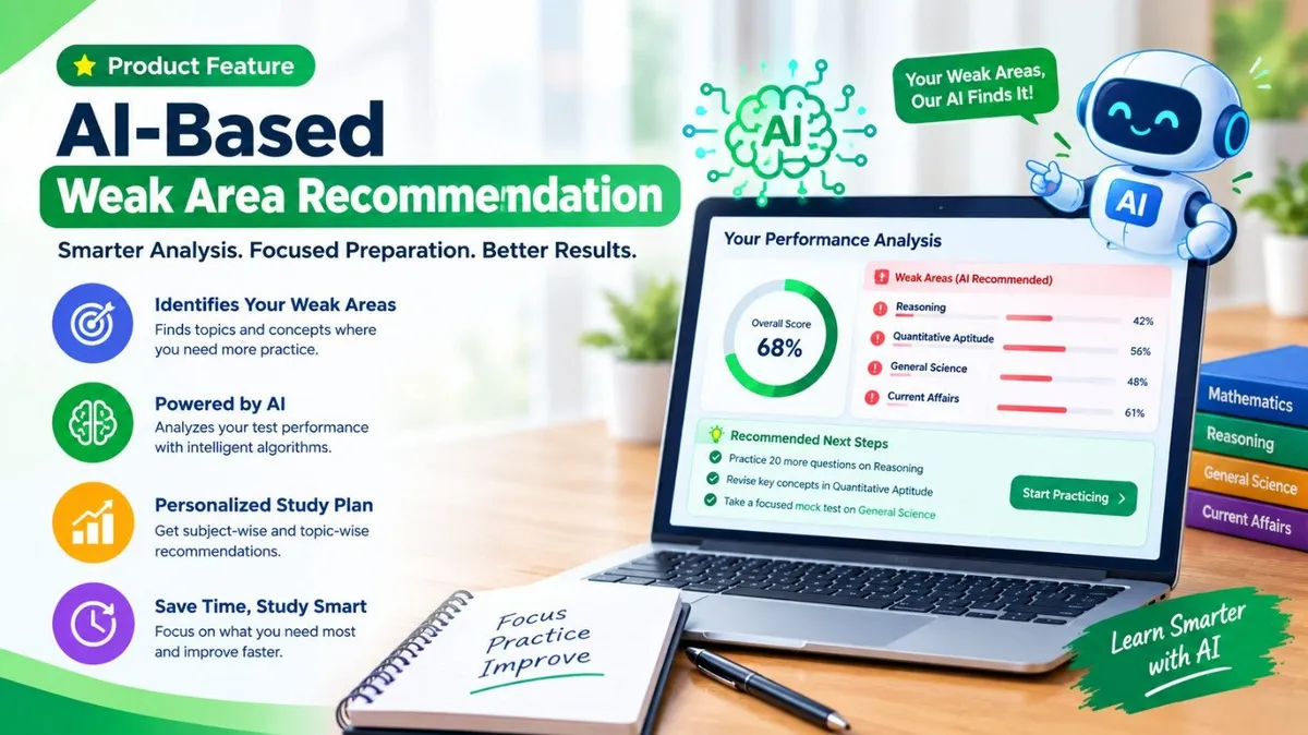 AI-based Weak Area Recommendation infographic showing an exam performance dashboard, AI assistant, subject-wise weak area analysis, and personalized study recommendations to improve test scores.