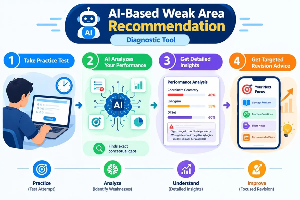 AI-based weak area recommendation infographic showing practice test analysis, performance insights, weak topic detection, and personalized revision advice.