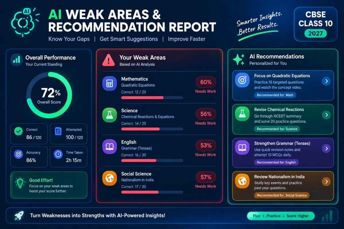 AI Weak Areas and Recommendation Report for CBSE Class 10 Mock Test 2027 showing subject-wise performance, weak topics, accuracy scores and personalized AI study recommendations.