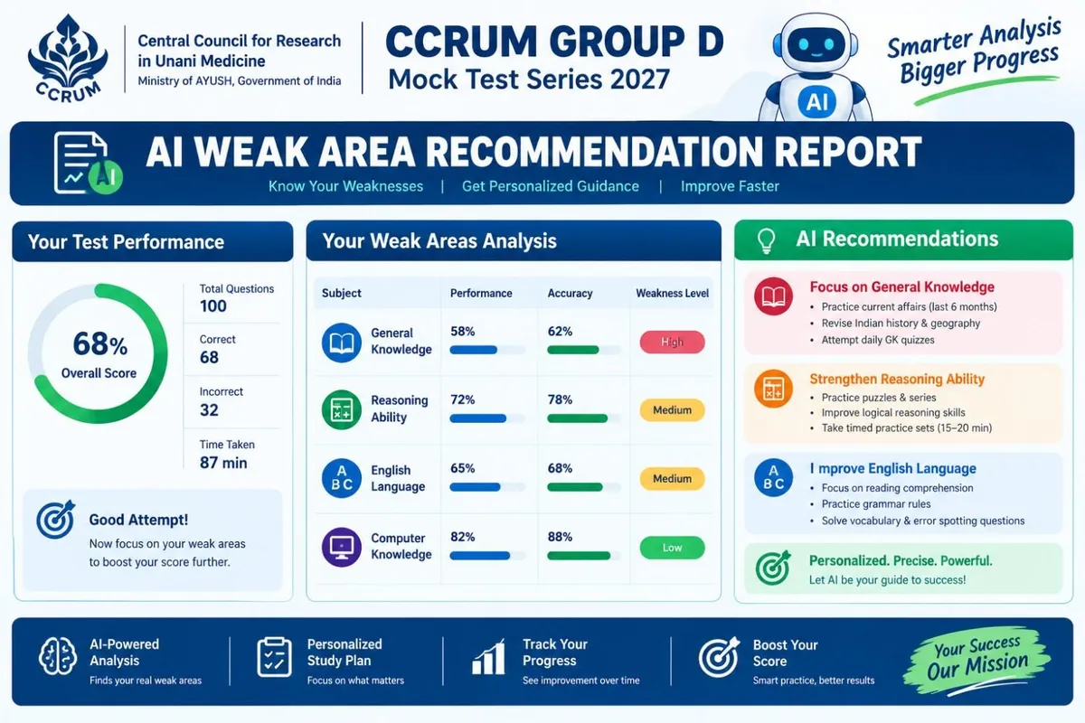 CCRUM Group D Mock Test Series 2027 AI Weak Area Recommendation Report showing candidate performance analysis, subject-wise accuracy, weak areas, and personalized AI study recommendations.