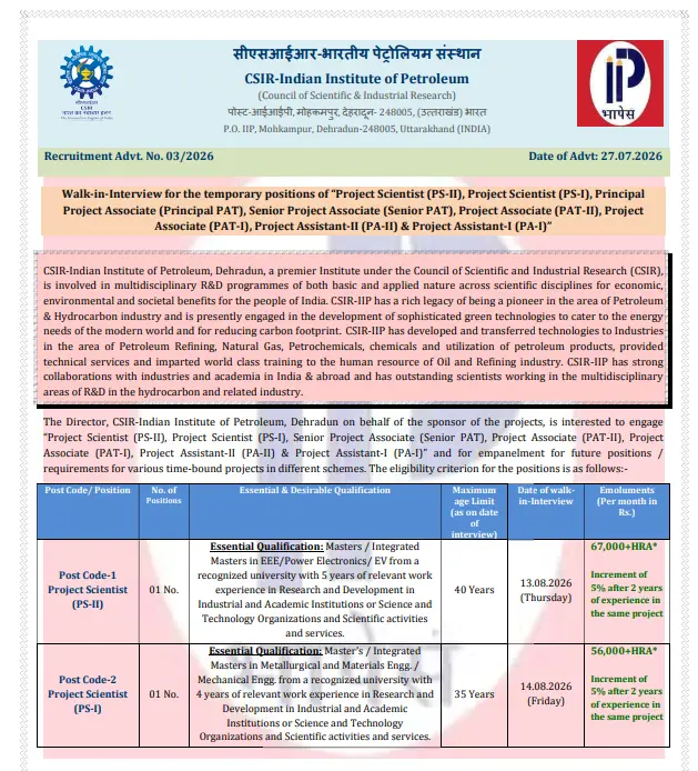 CSIR IIP Dehradun vaccancy 2026 