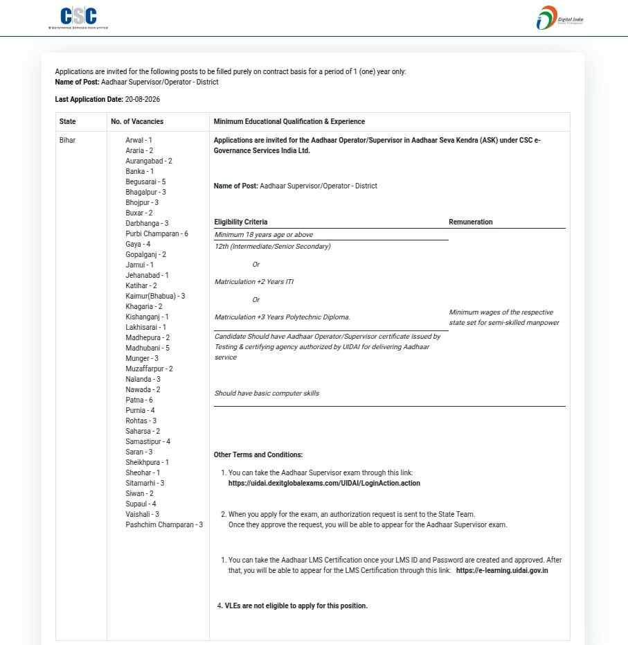 Bihar Aadhaar Operator Recuitment 2026