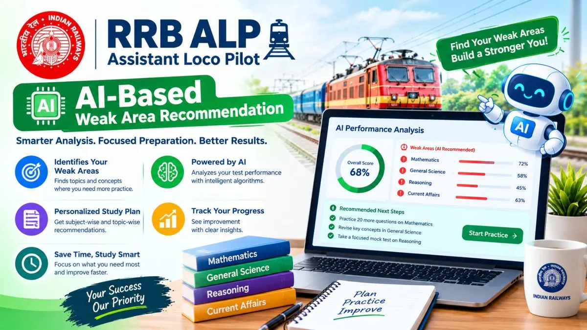 RRB ALP AI-based Weak Area Recommendation infographic featuring an AI-powered performance dashboard, subject-wise weakness analysis, personalized study plans, progress tracking, and recommended practice for Assistant Loco Pilot exam preparation 2027.