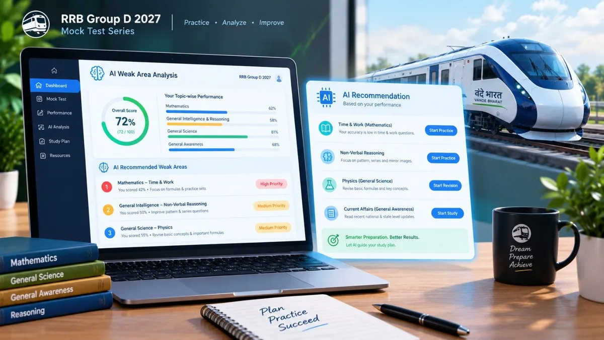 RRB Group D 2027 AI weak area recommendation report dashboard showing sectional accuracy and topic revision suggestions