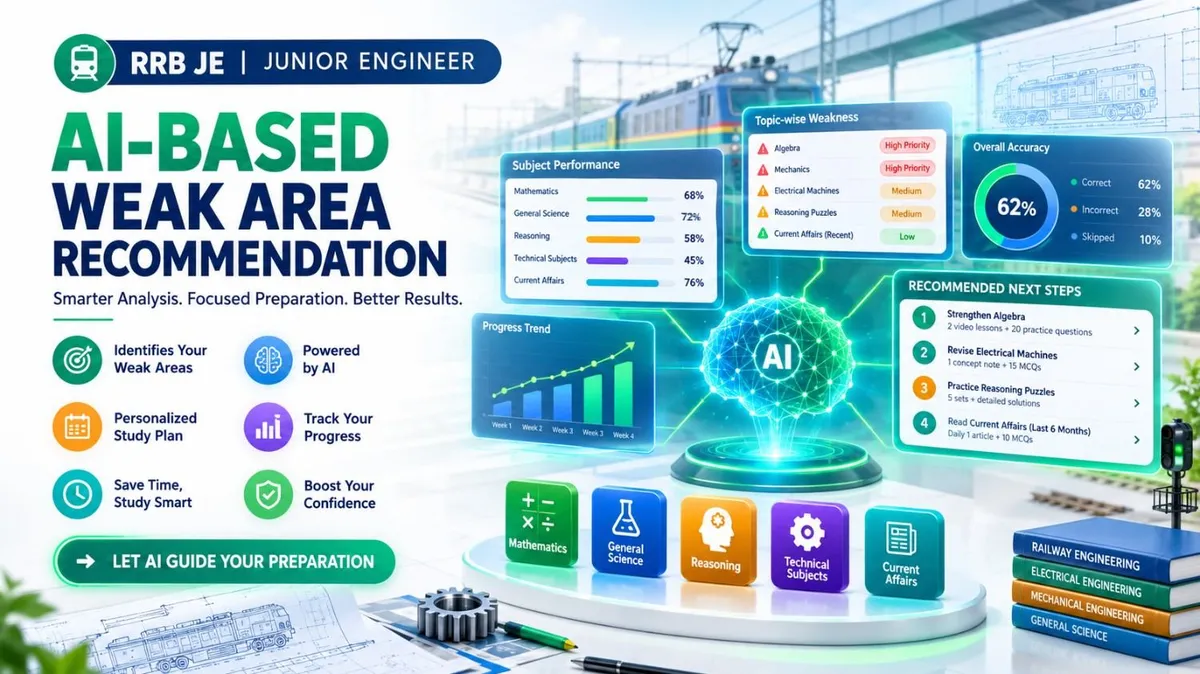 RRB JE 2027 AI-based weak area recommendation dashboard showing subject performance and personalized study plan
