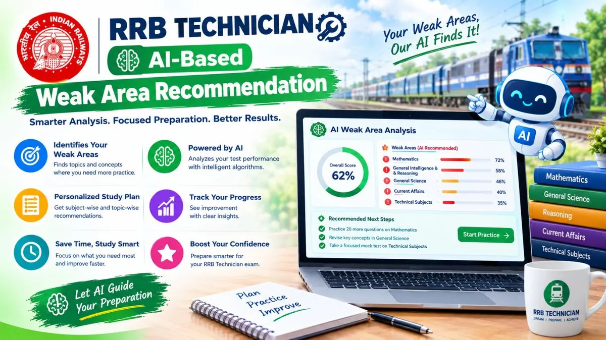 RRB Technician AI-Based Weak Area Recommendation infographic featuring an AI-powered performance dashboard, subject-wise weakness analysis, personalized study plans, progress tracking, and recommended practice for the RRB Technician exam.