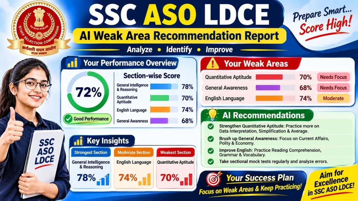 AI Weak Area Recommendation Report for SSC ASO LDCE Mock Test 2027, featuring overall performance analysis, section-wise scores, weak area identification, subject-wise insights, personalized AI study recommendations, and targeted exam preparation strategies to improve scores.