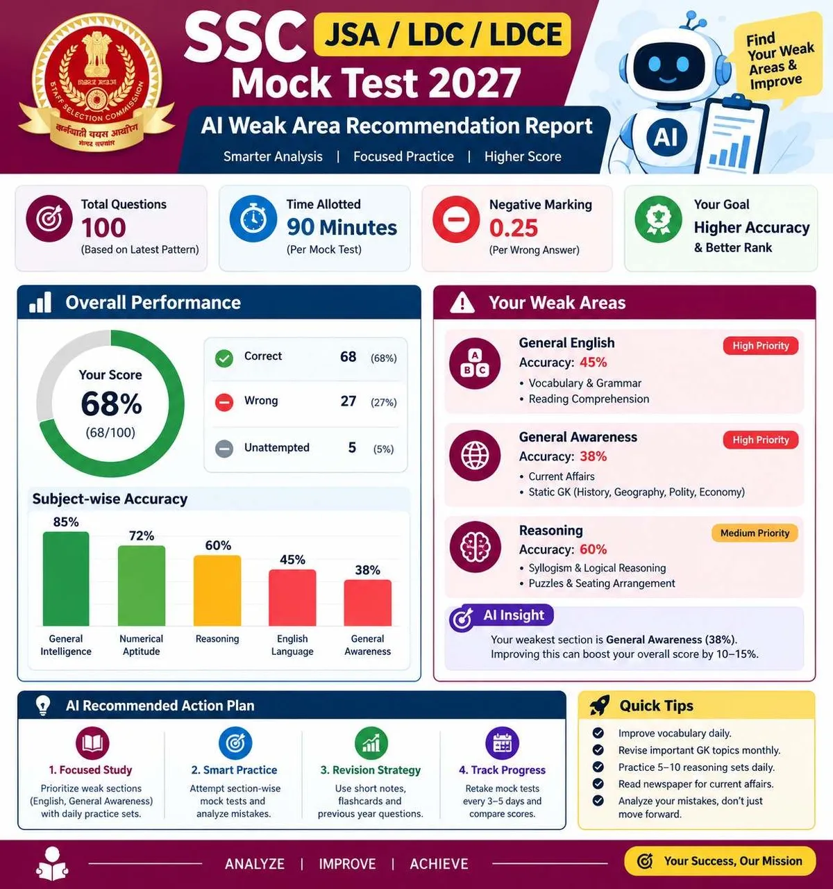 SSC JSA LDC LDCE Mock Test 2027 AI weak area recommendation report infographic
