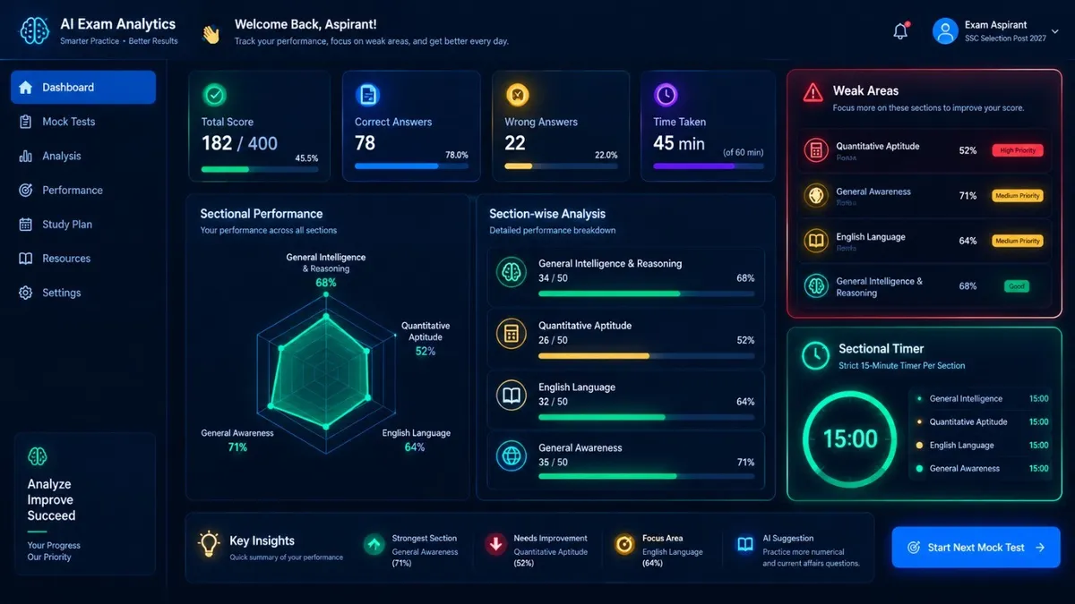 SSC Selection Post 2027 AI weak area recommendation and 15-minute sectional timer diagnostic analytics report
