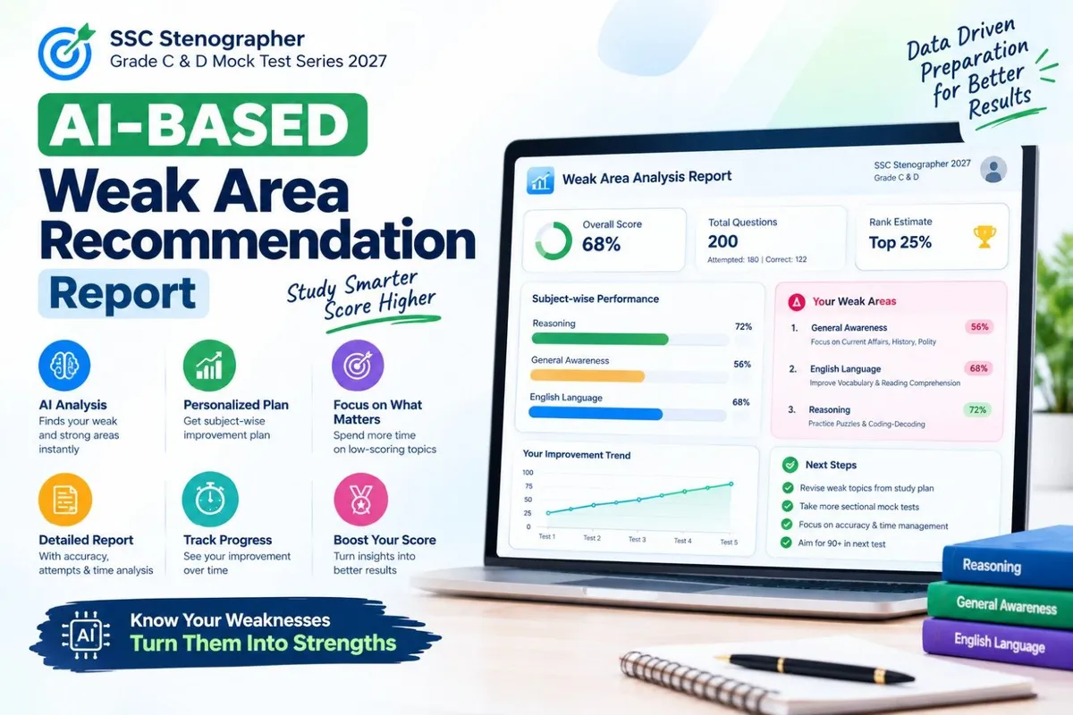 SSC Stenographer 2027 AI-based weak area recommendation report showing subject-wise performance and improvement plan